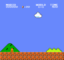 An animated NES Super Mario Bros gameplay clip showing Mario running right across level 1-1, jumping over Goombas and pipes, until he dies partway through the level. Final x position is 1982 of the level's roughly 3260 pixels.